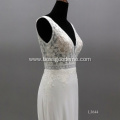 Modern Watteau Train Lace V Neck Illusion Backless Sleeveless Custom Wedding Dress Bride